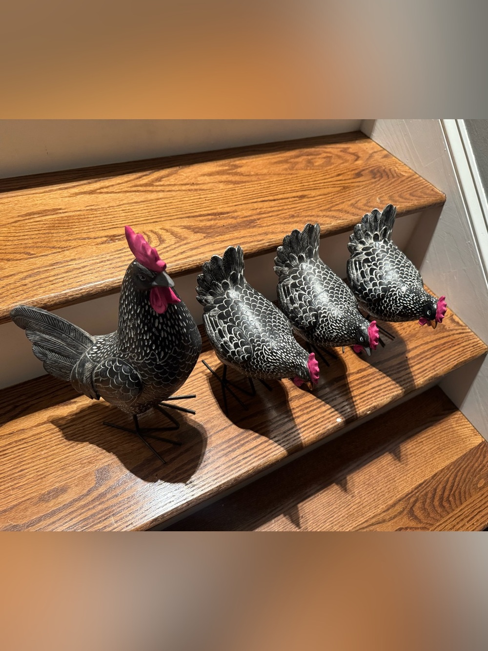 Three chickens & one rooster home decor. All black, white & pink